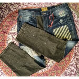 Grindhouse Mens Distressed Patchwork Splatter Blue Black Baggy Jeans NWT S 40x32